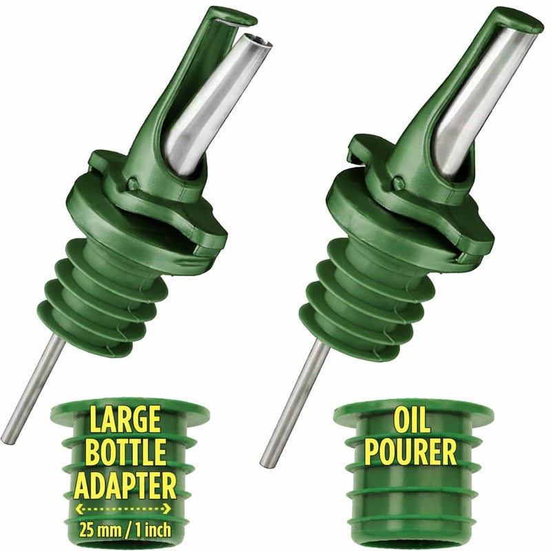 Poura BPAâ€‘Free Olive Oil Bottle Spouts, Leakproof Olive Oil Dispenser Spout with Hygienic Oneâ€‘Hand Open/Close, Dust Cap & Screen Alternative, 2â€‘Pack Green - Image 1